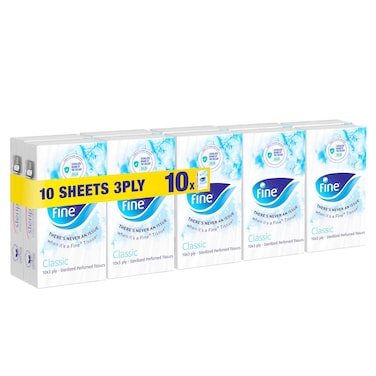 Fine Pocket Facial Tissue, 10 packs of 10 sheets x 3 Ply