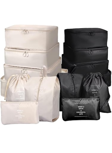 tewiaii Travel Luggage Organizers Set, [7+7] 14 Pcs Packing Cubes Luggage for Suitcases Organiser Set with Toiletry Bag, Compression Storage Shoe Clothing Underwear Laggage Bags (Black+White)