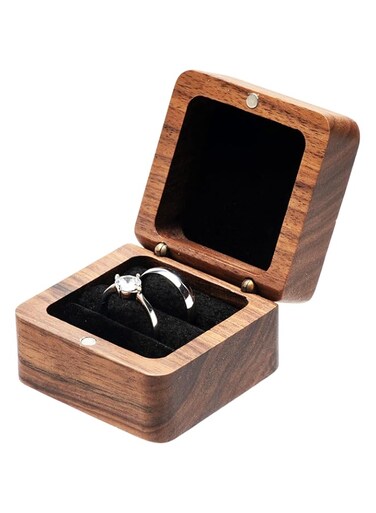 Square Solid Wood Double Ring Box Case for Wedding Ceremony Engagement Proposal, Wooden Ring Holder for 2 Rings (Black Inner)
