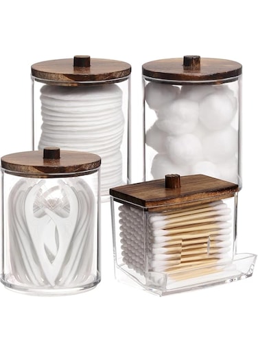 Lomeshow 4 Pack Qtip Holder Bathroom Container, 10/7oz Cotton Ball/Swabs Dispenser, Apothecary Jar with Bamboo Lids for for Vanity Makeup Organizer Storage (Brown)