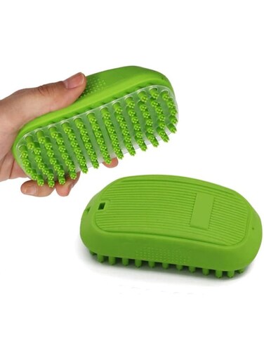 Pet Grooming Massage and Bath Brush Comb, Self Cleaning, for Long and Short Haired Dogs and Cats, Small to Medium Sized (Green)