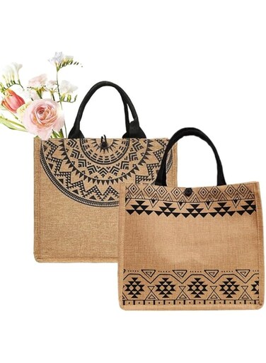 Acmen 2pcs Women's Beach Bag Linen Bag Reusable Grocery Bag Natural Linen Burlap Shopping Bag Premium Bohemian Design Button Front With Soft Handle Heavy Duty Linen Bag