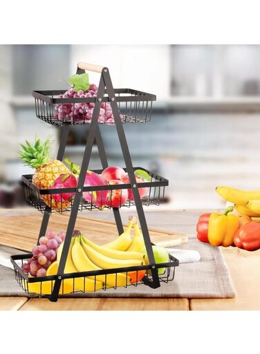 3-Tier Countertop Fruit &amp; Vegetable Basket &acirc;&euro;&ldquo; Metal Storage Rack with Wooden Handle, Portable Bread &amp; Snack Organizer Stand for Kitchen, Dining &amp; Living Room (Black)