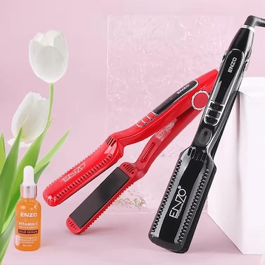 PrecisionWare Enzo EN-9903 Professional Keratin Hair Straightener, Ceramic Plates With Adjustable Temperature, Fast Heating &amp; Swivel Cord-Intl Version (Red)