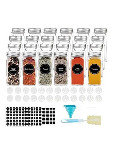 24-Piece Glass Spice Jar Set with Airtight Metal Caps - 120ml Empty Square Spice Containers with Shaker Lids, Labels, Silicone Collapsible Funnel, Sponge Brush, White board Pen Included Multicolour 120ml