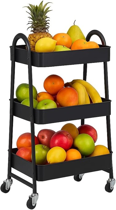 LIVVY 3-Tier Metal Storage Trolley With Wheels &ndash; White Rolling Utility Cart For Kitchen, Bathroom, or Office, Multi-Purpose Organizer Rack