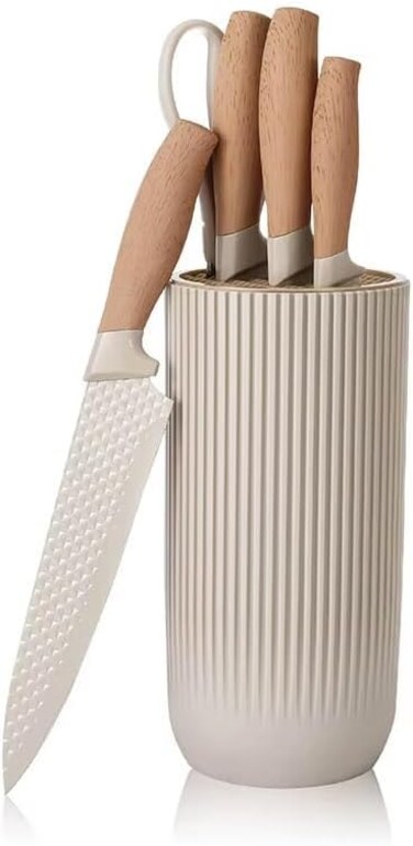 LIVVY 5 Piece Kitchen Knife Set With Block &ndash; Professional Stainless Steel Chef Knives With Ergonomic Wooden Handles &amp; Modern Storage Holder &ndash; For Home &amp; Restaurant Use