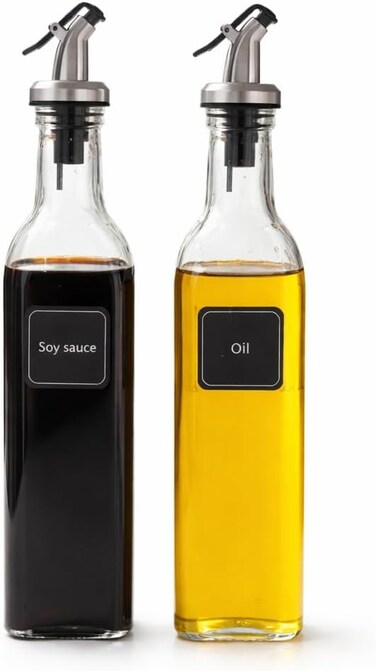 LIVVY Glass Oil Dispenser Bottle With Pourer, Transparent Square Vinegar and Olive Oil Bottle For Kitchen, Leak Proof Sauce and Cooking Oil Container