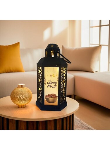 Ramadan Decoration - Festival Lighting Gifts - Hanging Ramadan Lantern with LED Lights - Black Hanging Tabletop Decor, Ramadan Kareem pattren
