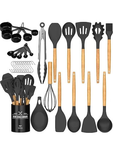 Umite Chef Kitchen Cooking Utensils Set, 33 pcs Non-Stick Utensils Spatula Set with Holder, Black Wooden Handle Silicone Kitchen Gadgets