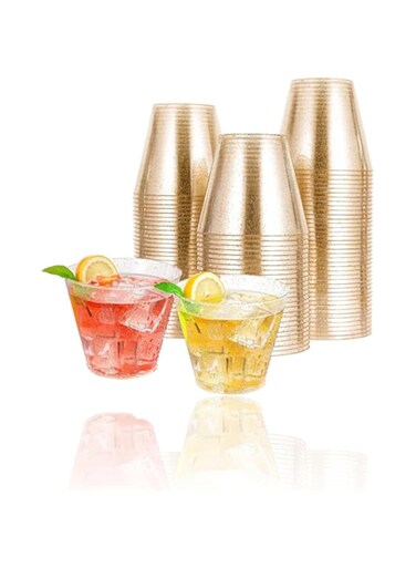 Sweet seven Gold Glitter Plastic Cups - 100pcs 9oz Disposable Tumblers for Wedding, Thanksgiving, Party