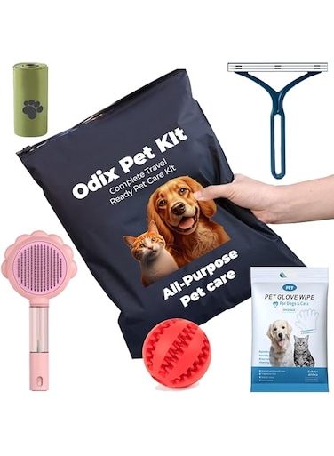 Odix 5-in-1 Pet Care Essentials Set: Waste Bags, Interactive Treat Ball, Grooming Tools, Steam Brush, and 6 Psc Wipes for All-Purpose Pet Care