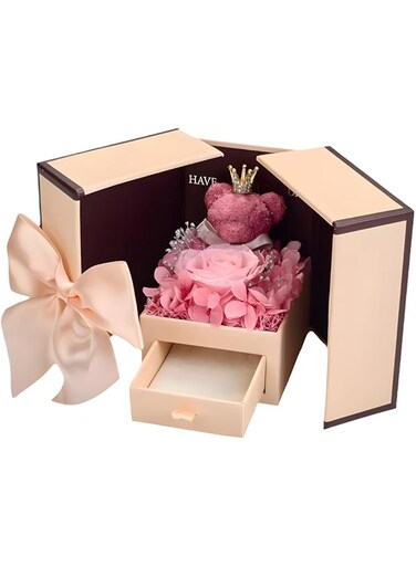 Valentine's Day Gift Box, Preserved Rose Bear Gifts for Girlfriend, Mom, Wife, Daughter, Mothers Day Birthday Anniversary for Women (pink rose/pink box) valentine
