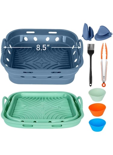 Azonee 2-Pack Reusable Silicone Air Fryer Liners, Kitchen Kit, Foldable 8.5 Inch, Heat Resistant with Tongs, Brush, Mitts, Muffin Cups (Blue &amp; Green &amp; Orange)
