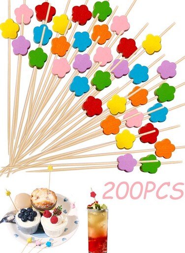 Pieces Flowers Bamboo Cocktail Picks 12cm Long Fruit Food Sticks Disposable Toothpicks for Food Drinks Fruits Party Beach Vacation Snacks Sandwiches Cupcake Decoration Charcuterie Accessories