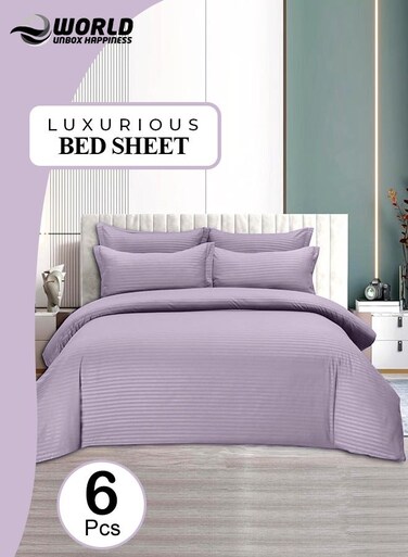 6 Piece Premium King Size Bedding Set, Purple Striped Design and High Quality Microfiber Hotel Luxury Bedsheet, Soft Quilt Cover and Pillowcases