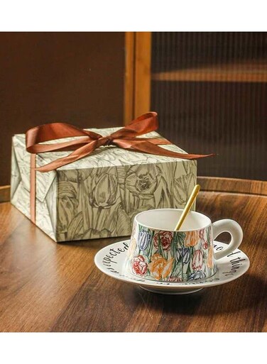 retro coffee cup and saucer set coffee cup gift box set bone china exquisite glazed tea cup and saucer mug cappuccino latte mocha elegant gift set. (White)
