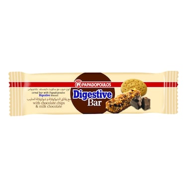 Papadopoulos Digestive Cereal Bar with Chocolate Chips and Milk Chocolate, 28g