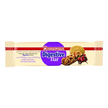Papadopoulos Digestive Cereal Bar with Red Fruits and Milk Chocolate, 28g