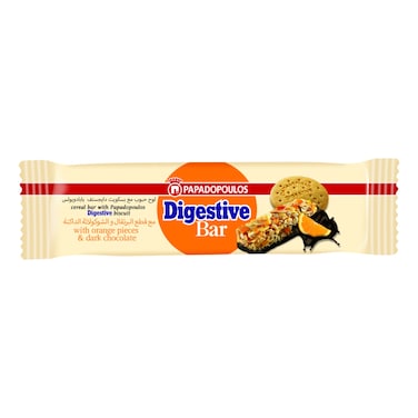 Papadopoulos Digestive Cereal Bar with Orange Pieces and Dark Chocolate Coated Base, 28g