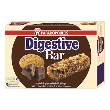 Papadopoulos Digestive Cereal Bar with Chocolate Chips and Milk Chocolate, 28g Pack of 5