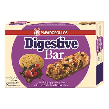 Papadopoulos Digestive Cereal Bar with Red Fruit and Milk Chocolate, 28g Pack of 5