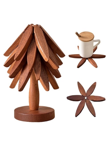 Creative Walnut Wood Foldable Tree Shaped Tripod Coaster Set, Heat Resistant Pot Holder Mat, Includes 4 Mats and 1 Holder For Hot Pots/Bowls/Teapots, Natural Wooden Table Protector, Brown, 22x10cm