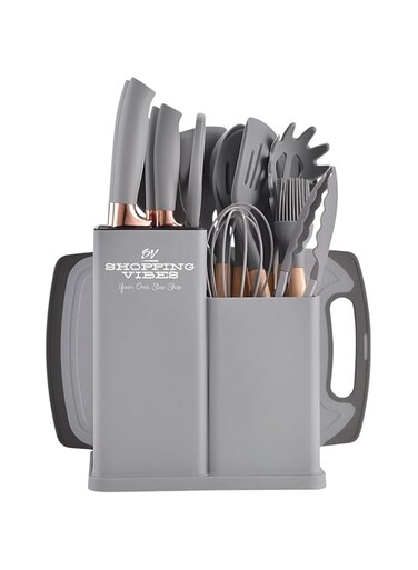 Premium 19pcs Kitchen Utensils Set: Professional &amp; Stylish Chef Tools. Ideal Wedding Gift for Home Chefs. BPA-Free, Non-toxic Silicone Kitchenware to Modernize Your Kitchen (Grey)