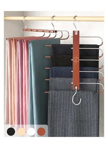 Magic Pants Hangers Space Saving Closet Hangers 5 Layers Multi Functional Pants Rack Solid Metal &amp; Wood Heavy Duty Wardrobe Organizer Racks for Clothes Trousers Scarves Ties 2Pack Cherry