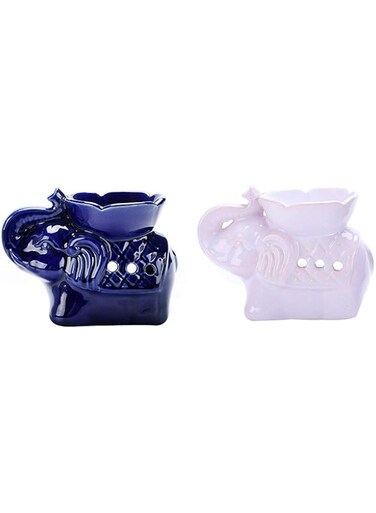 GulfDealz Aroma Burner Elephant Shape Diffuser, Decoration for Living Room, Balcony, Patio, Porch and Garden, Ceramic Material (Pack of 2) - Blue &amp; White
