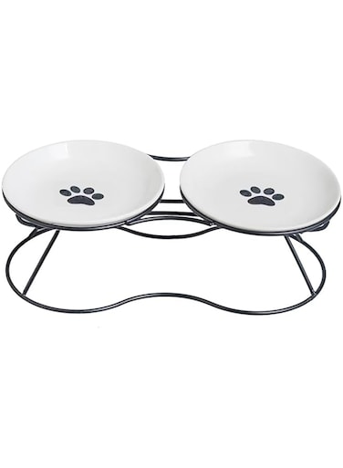 Cat Bowl, Ceramic Cats Plate with Metal Stand, Anti-Vomit Whisker-Friendly Raised Feeding Dish, Elevated Food and Water Dispenser Bowls for Dogs, Puppy, Pet Petkit