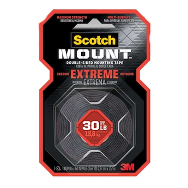 Scotch 414H Extremely Strong Double-sided Mounting Tape, 1 in x 60 in roll (25,4mm x 1.52m), Holds 13.4 kg. whole roll. 1 roll/pack black color. 1 roll/pack