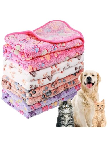 4 Pcs Pet Dog Fleece Blanket Paw Print Puppy Blanket for Small Medium Pet Dog Cat Warm Soft Sleep Mat Puppy Kitten Soft Blanket Throw Doggy Warm Bed Mat (White, Coffee, Pink, Purple,Medium)