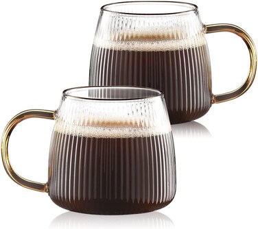 Glass Coffee Mugs, Set of 2 Ribbed Drinking Glasses, Clear Tea Cups, Borosilicate Glass with Vertical Stripes Pattern, for Cappuccino, Latte, Beverage (14 Fl.Oz., Yellow Handle)
