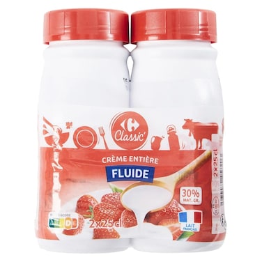 Carrefour Classic 30% Fat UHT Fluid Whole Cream Bottle 250ml Pack of 2