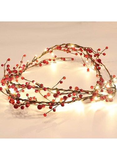 Rhytsing Red Berry Brunch Pre-lit Garland with 30LED Lights, Battery Operated Fairy String Lights with Timer Function for Christmas Mantle Decoration - 5.9FT