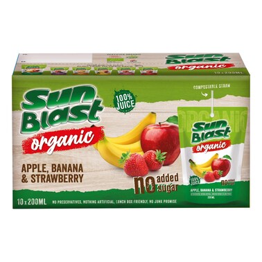 Sunblast Organic Apple, Banana and Strawberry Juice, 200ml Pack of 10