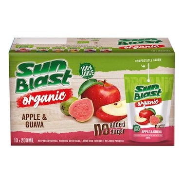 Sunblast Organic Apple and Guava Juice, 200ml Pack of 10