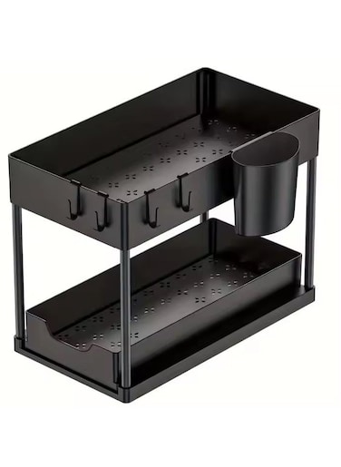 2-Tier Black Metal Kitchen Storage Rack: Easily Organize Cleaning Supplies And Toiletries