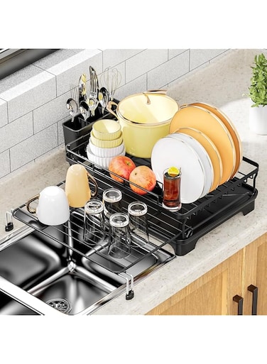 Lomeshow Dish Drying Rack - Extendable Dish Rack, Large Sink Drying Dish Drainer for Kitchen Counter, Stainless Steel Dish Strainer with Utensil Holder (Black)