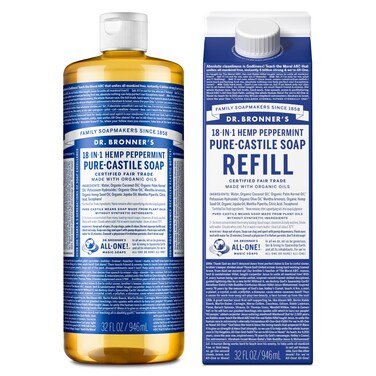 Dr. Bronner'sPure-Castile Liquid Soap Bottle &amp; Refill Carton - Made with Regenerative Organic Certified Oils, 82% Less Plastic-18-in-1 Uses for Face, Body Wash, Hand Soap Refill- Peppermint, 32oz
