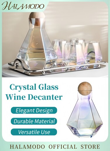 Iridescent Hexagonal Faceted Glass Water Carafe with Natural Wooden Sealing Lid Stylish Leakproof Pitcher for Cold Drinks Juice Infused Water &amp; Modern Home Decor