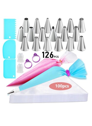 Piping Bags and Tips Set, 11.8 Inch 100 Anti Burst Piping Bags, 126 Pcs Cake Decorating Kit with 18 Piping Tips, 1 Reusable Pastry Bags, 3 Cake Scrapers, 2 Couplers, and 2 Icing Bags Ties