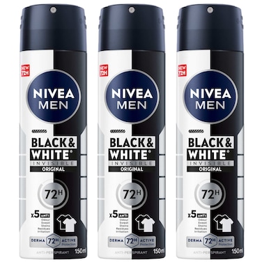 NIVEA MEN Black &amp; White Invisible Antiperspirant Deodorant Spray, Original, 72H Active Protection, 150ml, Pack of 3