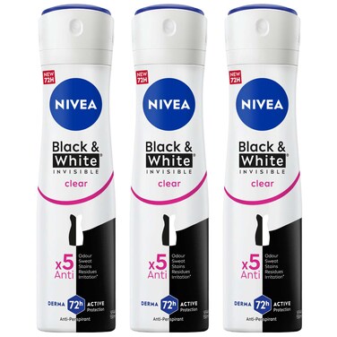NIVEA Black &amp; White Invisible Antiperspirant Deodorant Spray for Women, Clear, 72H Active Protection, 150ml, Pack of 3