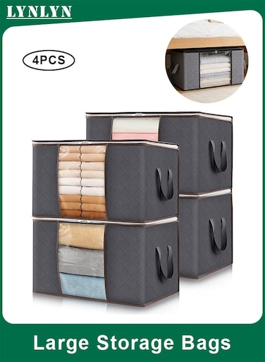 4 Pack Extra Large Storage Bags with Lids, Foldable Clothing and Quilt Organizer Bins with Clear Window for Comforters Blankets and Bedding