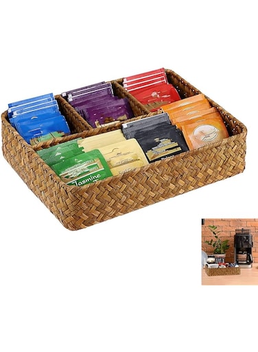 Joyzzz Tea Bag Tray, Straw Weaving Tea Bag Organizer with Four Small Cells, Brown Coffee Station Organizer Seagrass Storage Basket, Rustic Coffee Bar Decor Tea Bag Holder Tray for Drawer Countertop