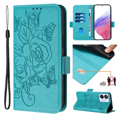 Protective Case For Blackview Color 8 / Oscal Modern 8 Embossed Rose RFID Anti-theft Leather Phone Case Light Blue