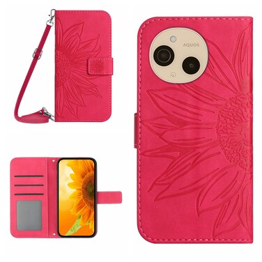 Protective Case For Sharp Aquos sense9 Skin Feel Sun Flower Embossed Flip Leather Phone Case with Lanyard Rose Red