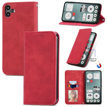 Protective Case For  Nothing CMF Phone 1 Retro Skin Feel Magnetic Flip Leather Phone Case Red